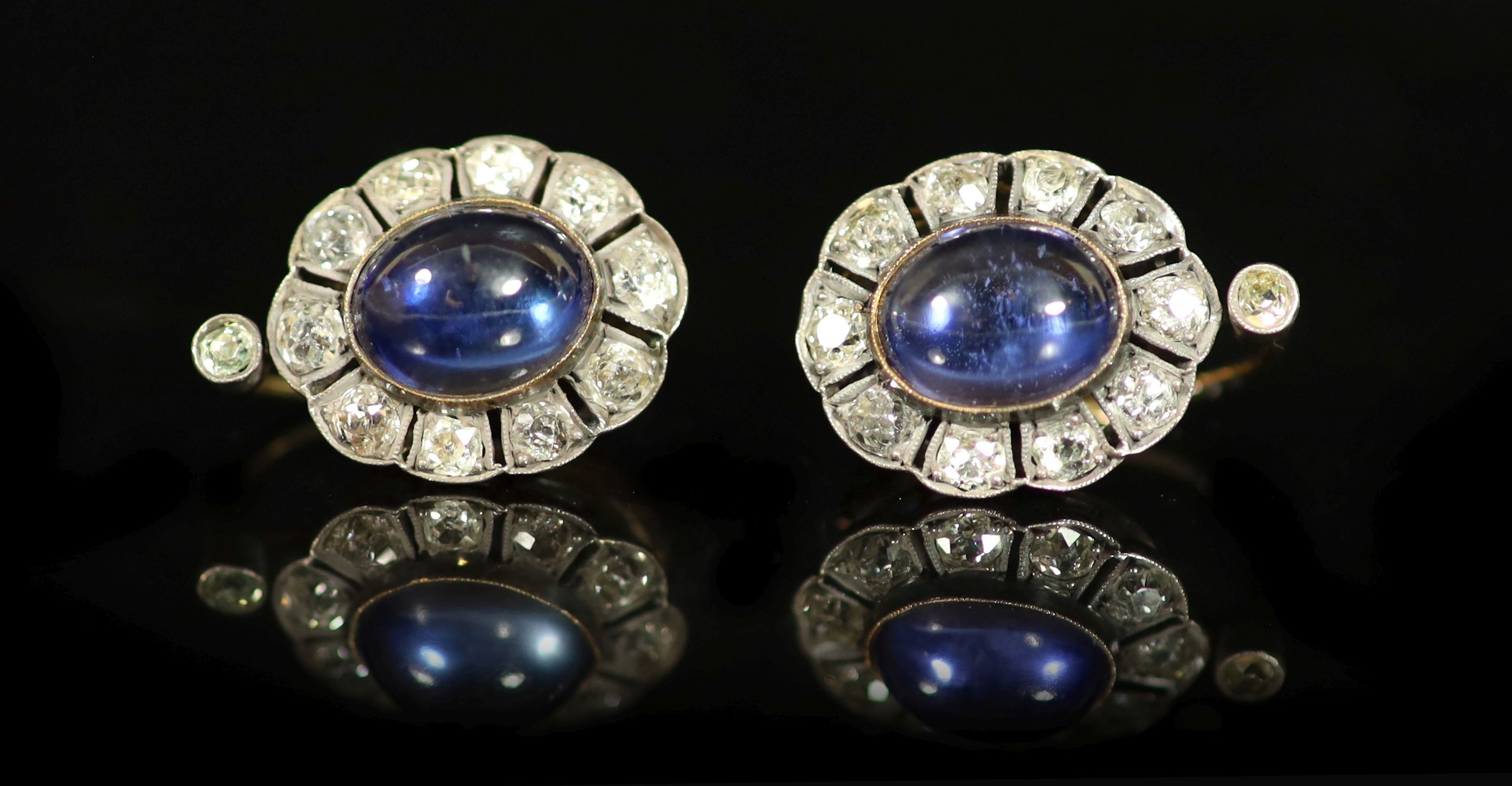 A pair of 19th century gold and silver, cabochon sapphire? and diamond set oval cluster earrings